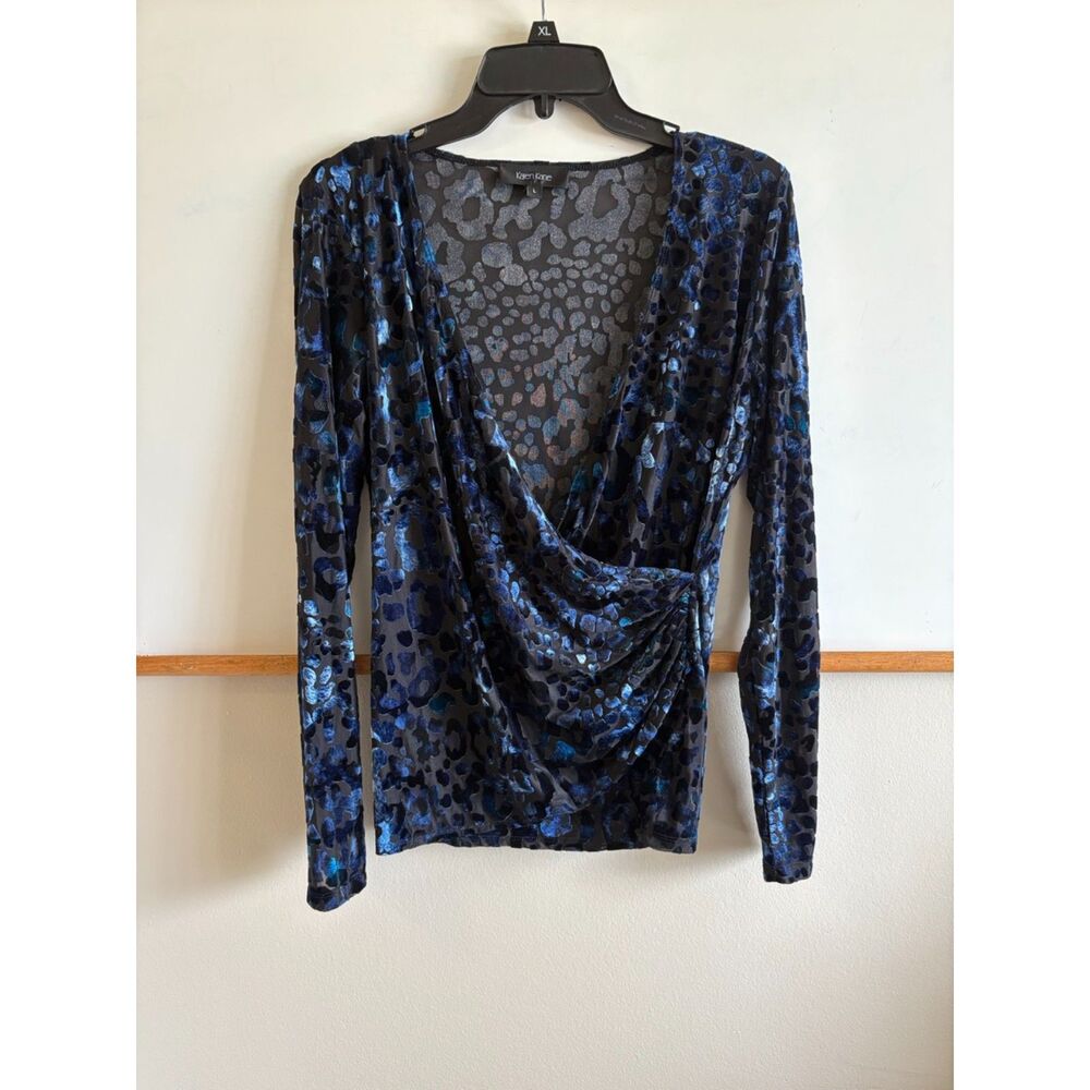 Karen Kane Blue Leopard Print Velvet Top  Size L